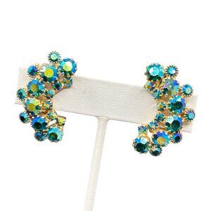 Vintage Weiss Aurora Borealis Blue & Green Rhinestone Cluster Clip-On Earrings
